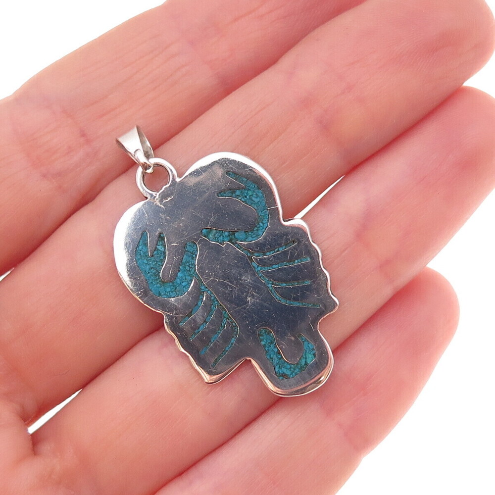 925 Sterling Silver Vintage Mexico Real Turquoise Inlay Scorpio Zodiac Pendant